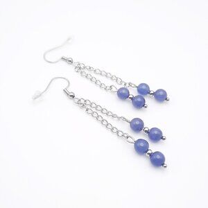 Purple Glass Silver Stainless Dangle Drop Chain Earrings Handmade Jewelry